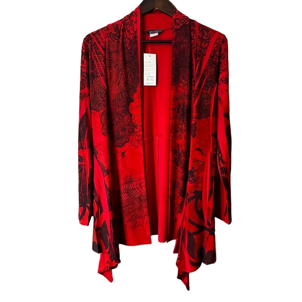 Pretty Woman Red & Black Waterfall Floral Paisley Open Cardigan Sweater Sz XL